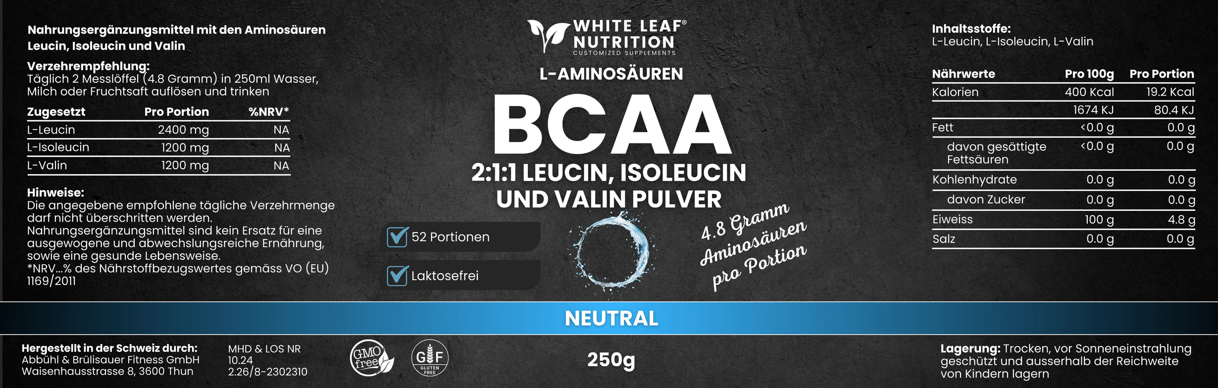 BCAA PULVER kaufen Schweizer Qualität schnell geliefert White